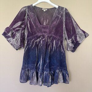 One World Sheer Boho Fairy Top Women L Purple Babydoll Ruffle Hippie Blue Pleat